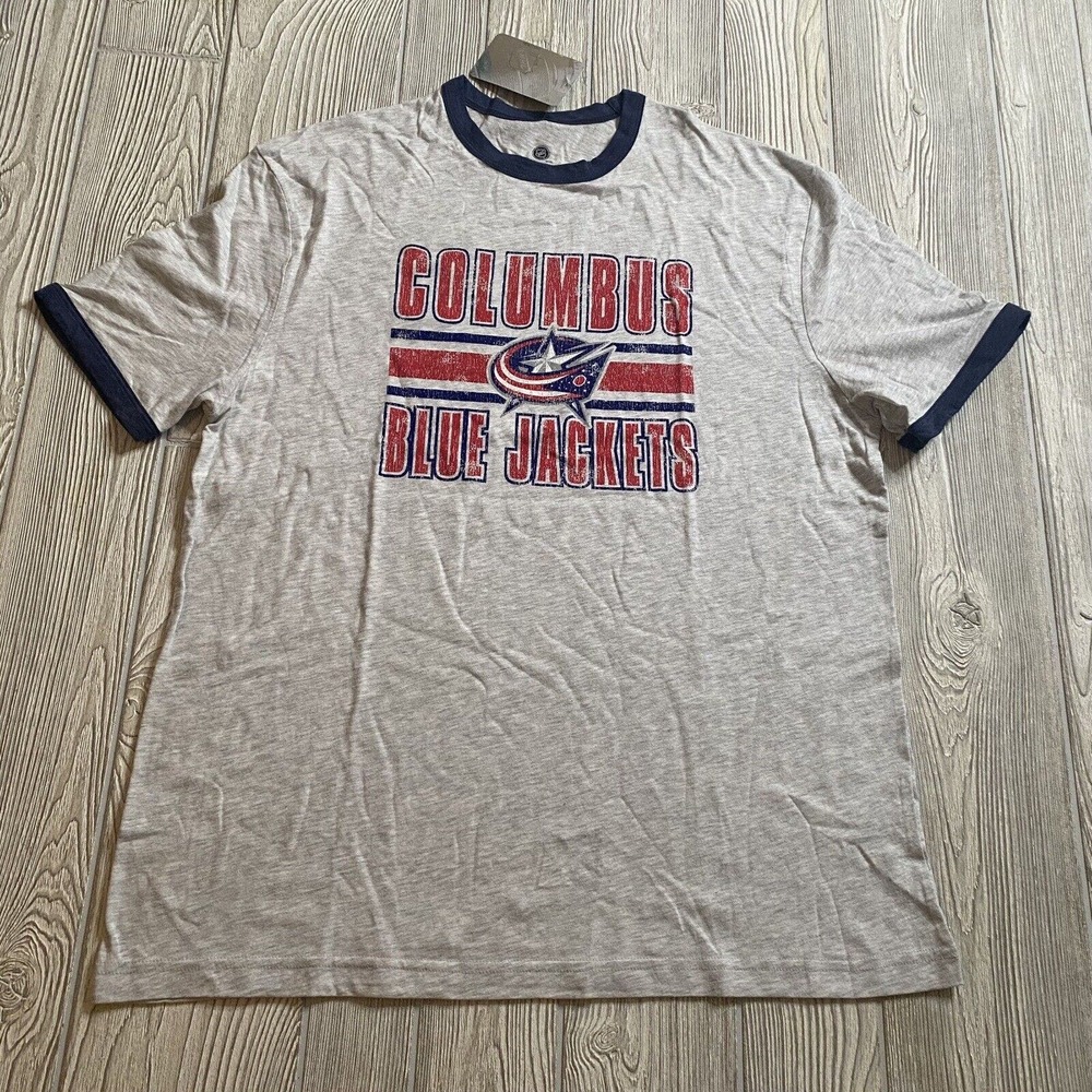 NHL Columbus Blue Jackets Ringer Tee Men’s XL Distressed Logo Heather Gray NWT